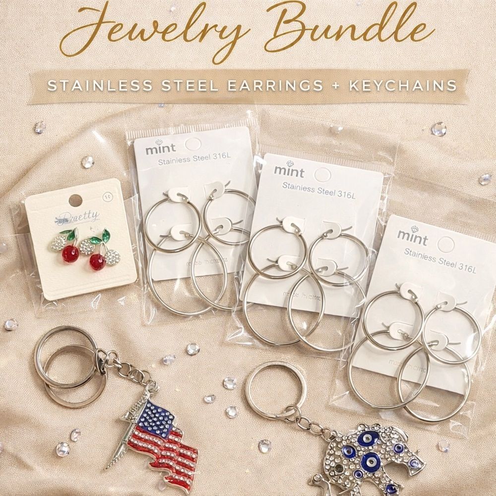 Jewelry Bundle: SS Hoop Earrings, 8 + Cherry Studs + Keychains/Bag Charms, 2 NEW